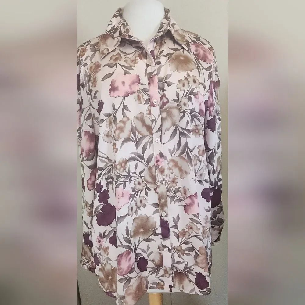 U4 Jaclyn Smith Elegant Women's Floral Print Long Sleeve Blouse Lightweight